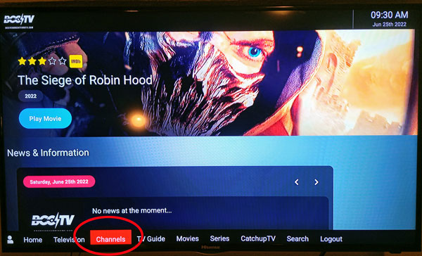 The Channels button or the TV Guide button